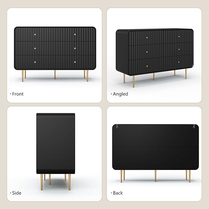 HLR Fluted 6 Drawers Dresser, 48'' Wide Modern Chest of Drawers with Gold Metal Handles,Dresser TV Stand, Wood Dressers & Chest of Drawers for Bedroom, Living Room, Hallway (Black)