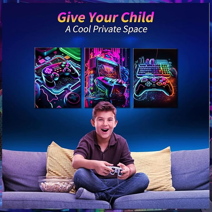 Game Room Decor Posters Set of 3 - Neon Gaming Accessories Theme Canvas Wall Art, Gamer Console Paintings Picture Wall Decor for Children Youth Boys Bedroom 12x16 inch Framed