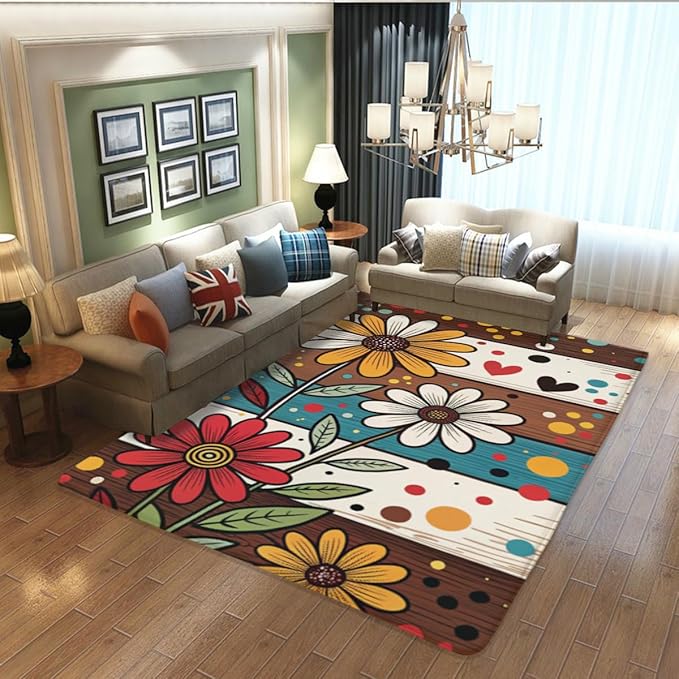Machine Washable 5' x 8' Bohemian-Style Area Rug, Flowers Floor mat, Suitable for bedrooms, Girls' Room Bedside, Living Room, Dining Room, Office, Non-Slip Low-Pile Retro, Fashionable Carpet