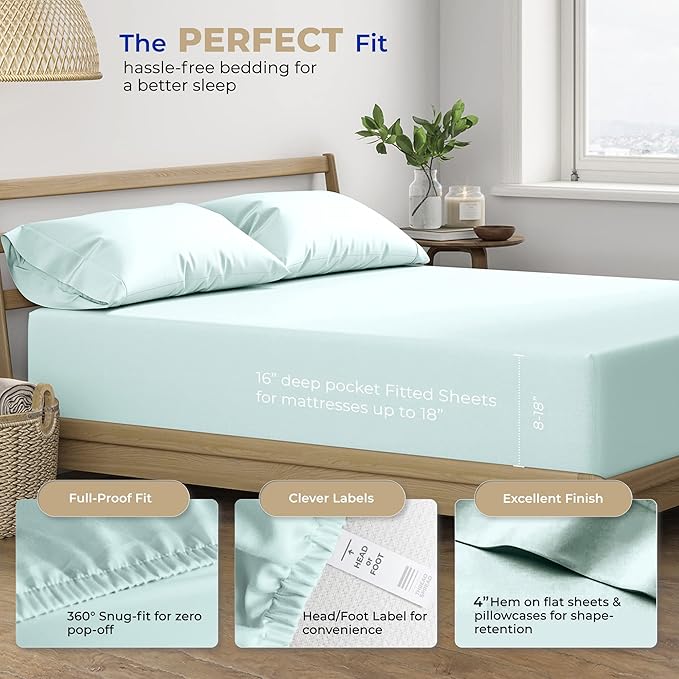 THREAD SPREAD California King Sheet Sets Cotton - 400 Thread Count 100% Cotton Cal King Sheets Set, 4 PC (Sea Foam), Luxury Soft, Cooling, Breathable 16" Deep Pocket Sateen Weave Hotel Bedsheets