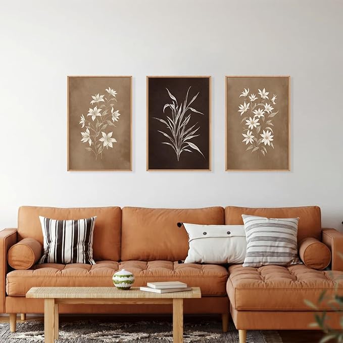 LHIUEM Large Vintage Neutral Botanical Framed Wall Art Set,Brown and Black Flower Wall Decor,Nature Wildflower Artwork,Rustic Plant Floral Art Prints for Living Room,Bedroom,Farmhouse - 24"x36"x3