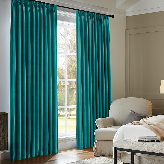 Pinch Pleated 100% Blackout Curtains for Bedroom, Teal Velvet Curtains for Living Room, Black Out Curtain 86 inch Long Room Darkening, Blackout Pinch Pleat Drapes with Hooks 2 Panels