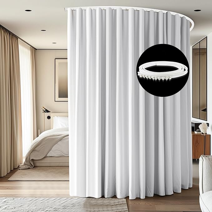 Room Divider Ceiling Mounted Curtains Track Sets Extra Wide Blackout Curtain Flexible Tracks for Bedroom Privacy Partition Separator, 1 Panel White Drape and White Rail, W10 x H8ft