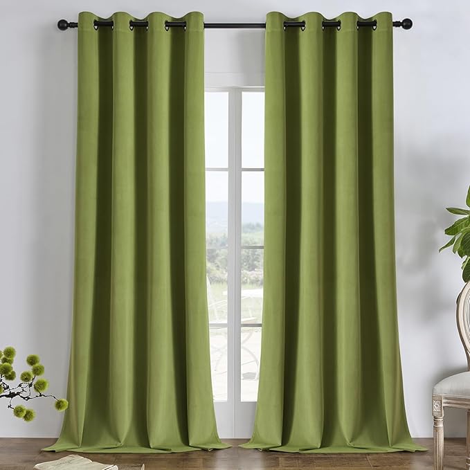 Joydeco Moss Green 100% Blackout Curtains 84 Inch 2 Panels, Luxury Thermal Green Velvet Curtains for Bedroom Living Room, Soundproof Blackout Window Drapes, Grommet Top (52W x 84L)