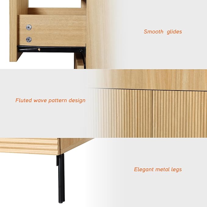 WAMPAT 31.5" W Fluted Dresser for Bedroom, Modern 3 Drawer Dresser TV Stand with Hidden Handles, Wooden Chest of Drawers Closet Clothes Storage Organizer for Bedroom, Living Room, Oak