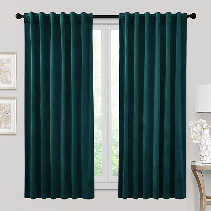 RYB HOME Peacock Blue Velvet Curtains & Drapes, 72 inches Noise Reducing Thermal Insulated Short Curtains for Office, W 52 x L 72, 2 Panels Set