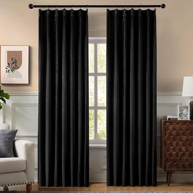 Pinch Pleated 100% Blackout Curtains for Bedroom, Black Velvet Curtains for Living Room, Black Out Curtain 108 inch Long Room Darkening, Blackout Pinch Pleat Drapes with Hooks 2 Panels