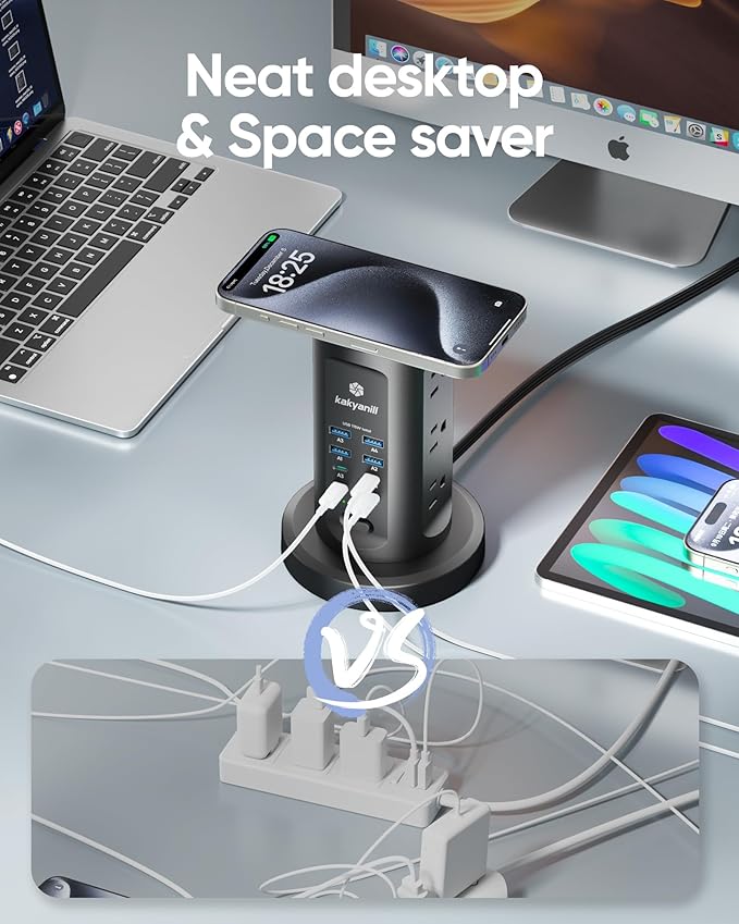 115W USB Charging Station, Surge Protector Power Strip Tower, 9 AC Outlets with 8 USB Ports(4 USB-C), 6Ft Flat Plug Retractable Extension Cord, for Home Office Dorm, Black