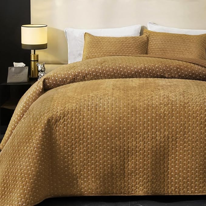 Powdion Velvet Quilt Queen, Oversized Bedspread Quilted Bedding Set, Luxurious Soft Coverlet Set Lightweight Velvet Comforter with 2 Pillow Shams,Brwon, 90x96 Cross Stitch Striped Quilt Queen