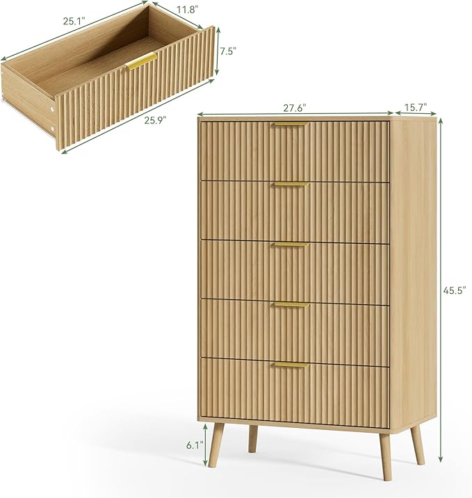 LYNSOM Fluted 5 Drawers Dresser, 45" Tall Modern Chest of Drawers with Curved Profile Design and Metal Handle, Wood Drawer Organizer for Bedroom, Living Room, Hallway, Entryway, Oak