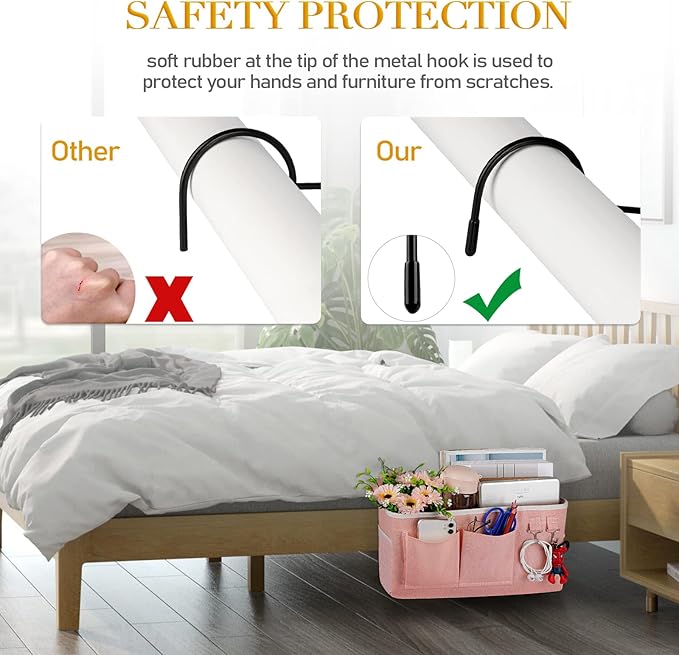 Ozzptuu Bedside Storage Caddy/Bedside Hanging Storage Bag for Headboards Bunk Beds Dorm Rooms Book Phone Magazine Holder (Light Pink)