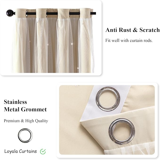 Star Double Layer Blackout Curtains for Bedroom, Kids - Cute, 96 Inches Long, 2 Panels Set, Beige, 42 X 96 Inches