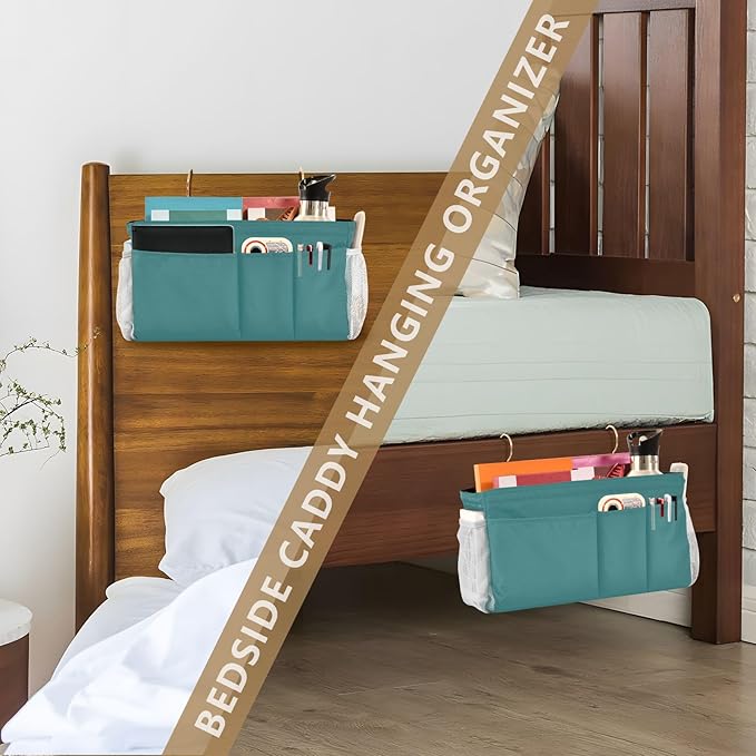 KOPIRIT Navy Teal Bedside Caddy Storage Bag Bedside Organizer for College Dorm Top Bunk Bed Hanging Storage Organizer 6 Pockets with Hooks for Drinks Magazine Phone Holder