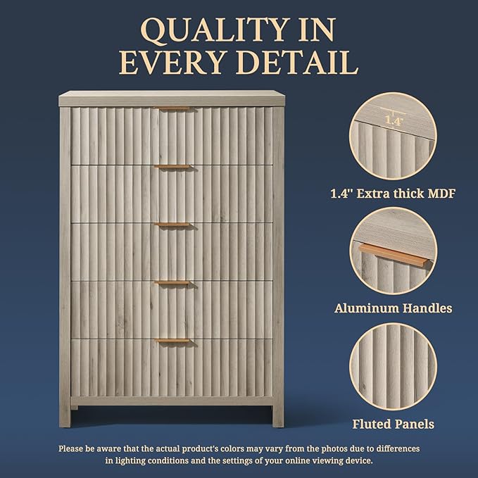 5 Drawers Dresser for Bedroom, 44 Inches Tall Modern Bedroom Dressers, Chest of Drawers for Bedroom, Fluted Dresser for Closet Organizer for Living Room, Hallway, Entryway (Grey Oak, 3 Pieces)