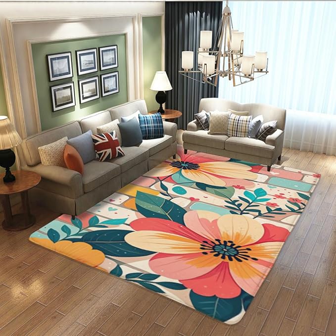 Machine Washable 5' x 7' Bohemian-Style Area Rug, Pink Floor mat, Suitable for bedrooms, Girls' Room Bedside, Living Room, Dining Room, Office, Non-Slip Low-Pile Printed Modern Floral Carpet