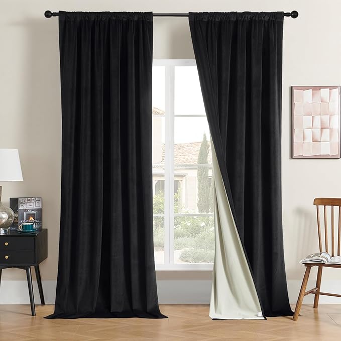 Joydeco 100% Blackout Velvet Curtains for Bedroom 96 Inches Long 2 Panels, Back Tab/Rod Pocket Living Room Drapes, Thermal Insulated Soundproof Heavy Duty Curtains for Windows,52W x 96L,Black