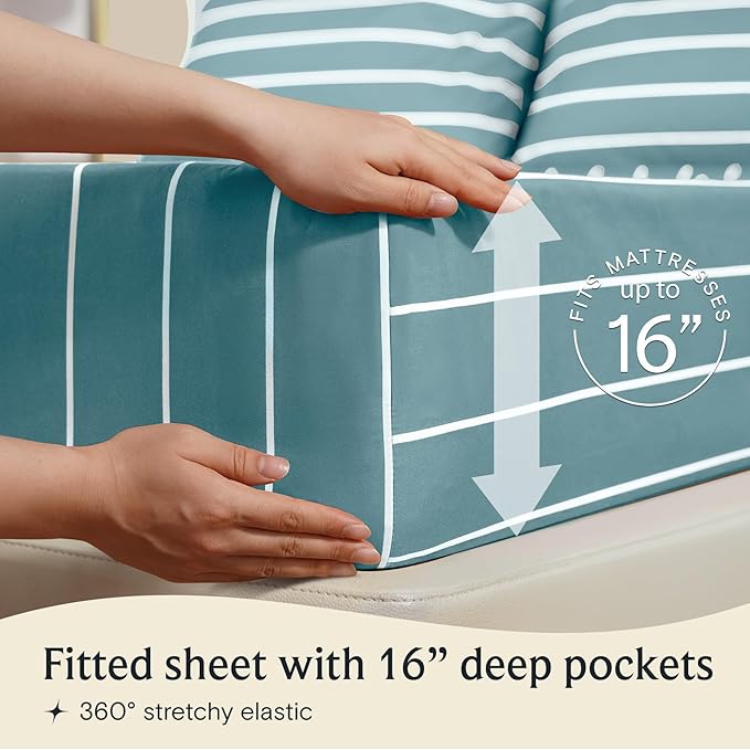 LuxClub 4 PC Full Sheet Set, Deep Pockets Wrinkle Free Cooling Bed Sheets Hotel Bedding for Women, Men, Includes 1 Fitted Sheet, 1 Flat Sheet and 2 Pillowcases-Striped - Light Blue