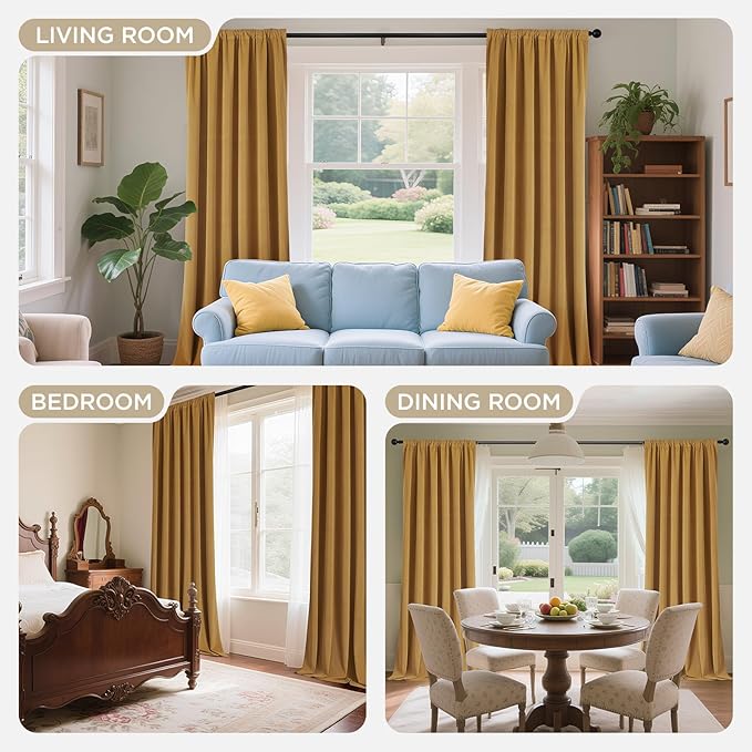 Joydeco Mustard Yellow 100% Blackout Curtains 120 Inch 2 Panels, Luxury Thermal Yellow Velvet Curtains for Bedroom Living Room, Soundproof Blackout Window Drapes, Grommet Top (52W x 120L)