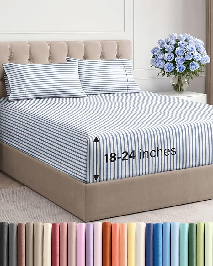 Extra Deep Twin XL Sheet Set - 4 Piece Breathable and Cooling Sheets - Hotel Luxury Bed Sheets Set - Easy Fit - Soft, Wrinkle Free and Comfy Sheets Set - Blue Striped Sheet Set with Extra Deep Pockets