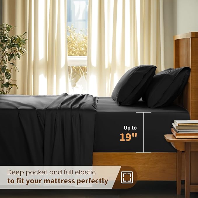 LBRO2M 100% Cotton Sheets Set Deep Pocket 19", 1000 Thread Count Queen Size 4 Piece Bed Sheet Sets Soft Comfortable Bedding All Season (Queen, Black)