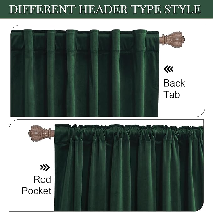 RYB HOME Living Room Curtains, Vintage Velvet Drapes Soft Durable Texture Room Darkening Window Treatment Decorative Backdrop Thermal Curtains for Bedrooom, Hunter Green, W52 x L120 inch, 2 Panel
