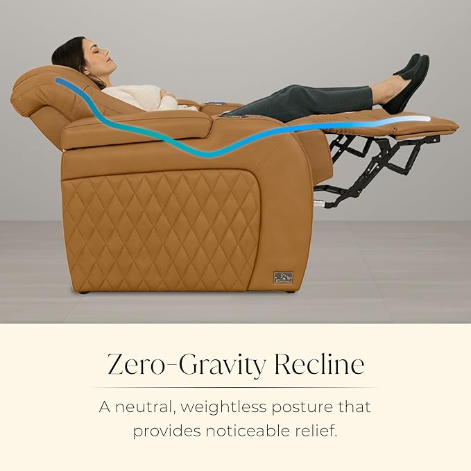 Seatcraft Diamante Zero-Gravity CoolZero Italian Leather Home Theater Seating, Power Headrest, Power Recline, Row of 5, Tan Oak