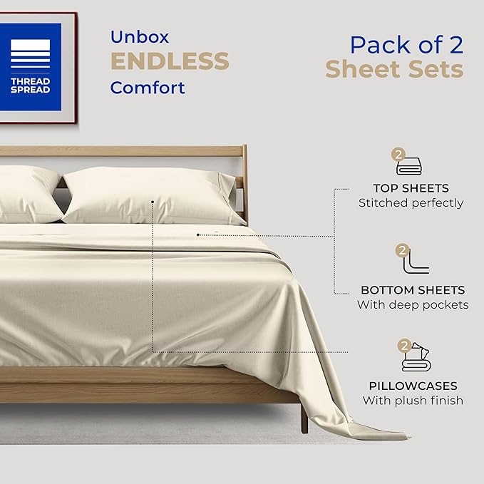THREAD SPREAD 2-Pack Twin Cotton Sheets Sets - 400 Thread Count 100% Cotton Sateen Weave - Extra Soft, Breathable, Hotel Quality Cooling Sheets, 2 Sets of Twin Size Deep Pocket Bed Sheets (Ivory)