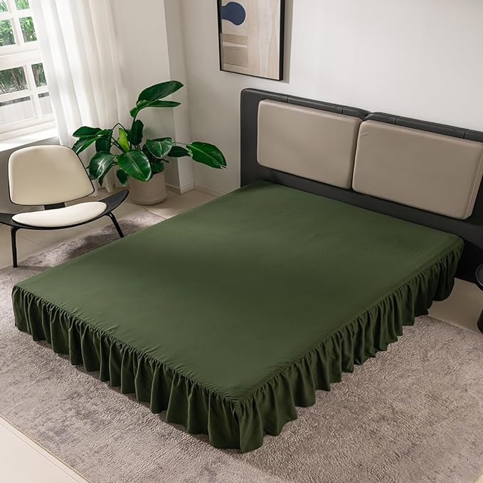 TSUTOMI Bed Skirt Full Size Ruffled Bed Skirt with Split Corners, 14 Inch Drop Dust Ruffle Bed Skirts with Platform, Gathered Style, 100% Microfiber, Green