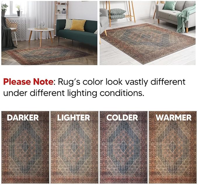 Keen Home Design 5x7 Rug - Machine Washable Area Rug with Non-Slip Backing, Ideal for Living Room, Dining Room, Bedroom - Vintage, Easy Clean, Durable, Low Pile Rug - (5' x 7')