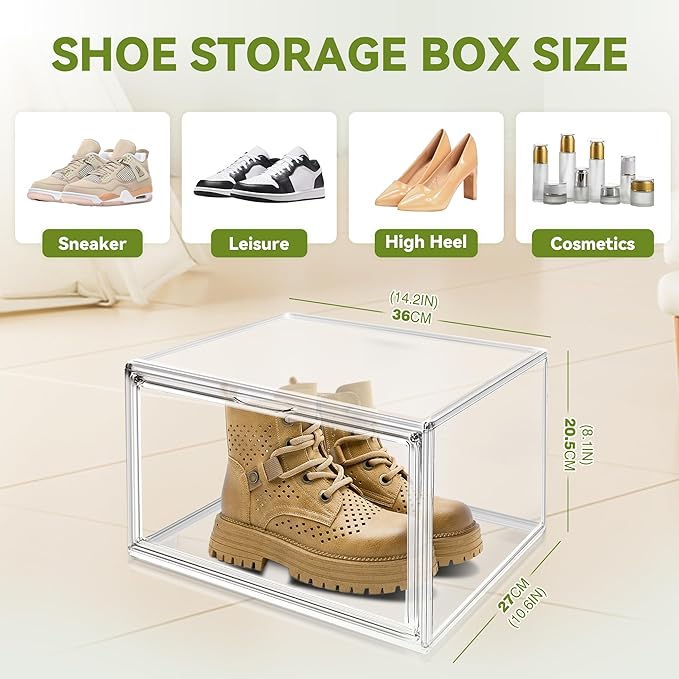 12 Pack Clear Sneaker Boxes Stackable Shoe Box Size 12.5, Acrylic Shoe Storage Organizer Transparent Storage Bins with Magnetic Acrylic Door for Closet, Sneaker Display, Cosmetic, Figure