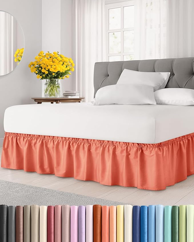 Wrap Around Dust Ruffle Bed Skirt - Coral - Twin/Twin XL Size Beds with 21 Inch Drop - Easy Fit Elastic Strap - Adjustable Pleated Bedskirt w/Brushed Fabric - Wrinkle Free - Women, Men, Kids & Teens