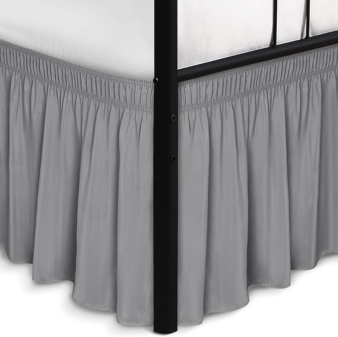 Biscaynebay Wrap Around Bed Skirts with Split Corners for Full Beds 16" Drop, Silver Grey Elastic Dust Ruffles Adjustable Easy Fit Wrinkle & Fade Resistant Silky Luxurious Fabric Machine Washable