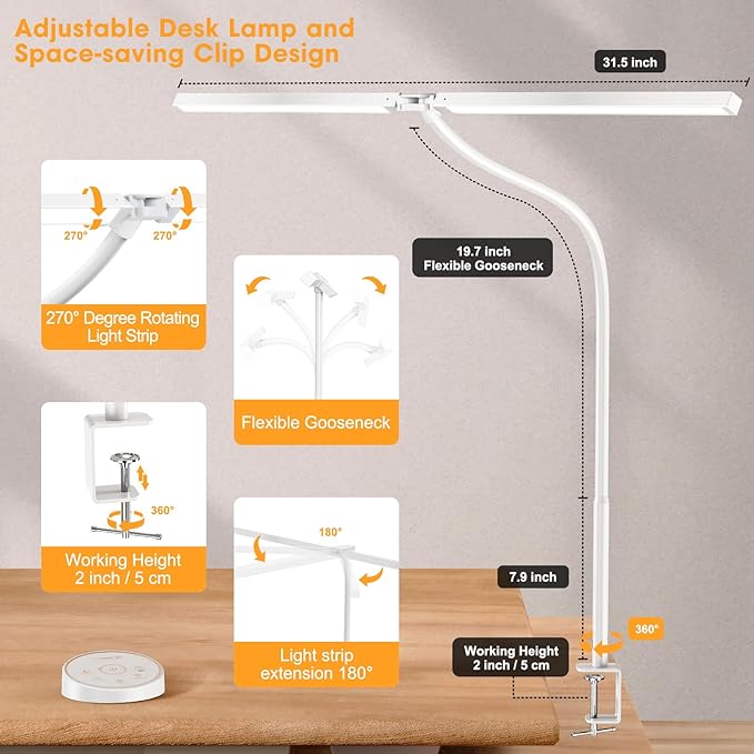 Led Desk Lamp for Office Home - Eye Caring Architect lamp with Clamp,Dual Screen Computer Monitor Work Smart Light: 24W 5 Color Flexible Adjustable Lighting Table Lamp for Study Drafting Beige