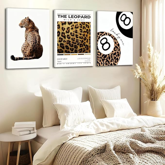 Trendy Leopard Framed Set of 3 Canvas Poster Prints,Picture Modern Artwork Wall Art for Home Décor,Perfect for Adds Wilderness & Elegance to Living Room,Bedroom or Any Interior Space,24Lx16W