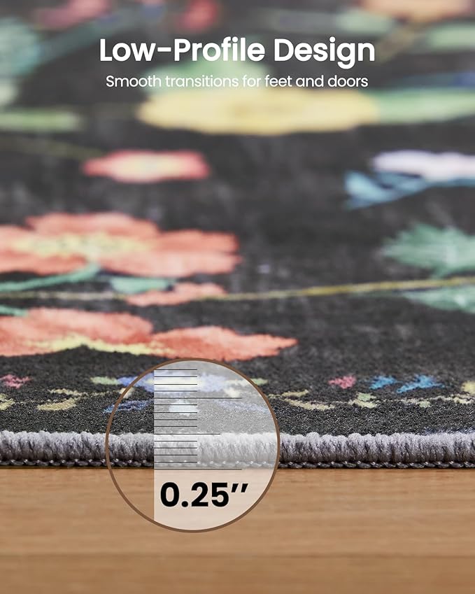 Amada 2.6x8 Washable Runner Rug, Non-Slip & Low-Profile Kitchen Area Rug with Reinforced Edge Binding, Boho Floral Pattern, Soft Long Entryway Rugs for Bedroom & Hallway