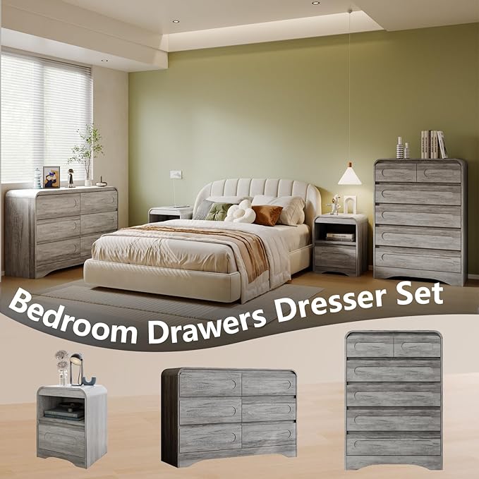 Dresser for Bedroom with 6 Drawers, 47" Wide Modern Dressers & Chest of Drawers with Curved Profile Design, Wood Closet Clothes Storage Dressers Organizer for Bedroom Living Room Hallway, Grey