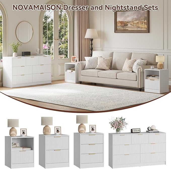 White Dresser & Nightstand Set 3-Piece, Bedroom Dresser with 7 Drawers, Night Stand Set of 2 w/Metal Handle, Fluted Modern Wood Chest of Drawers Storage Dressers Set for Bedroom, White