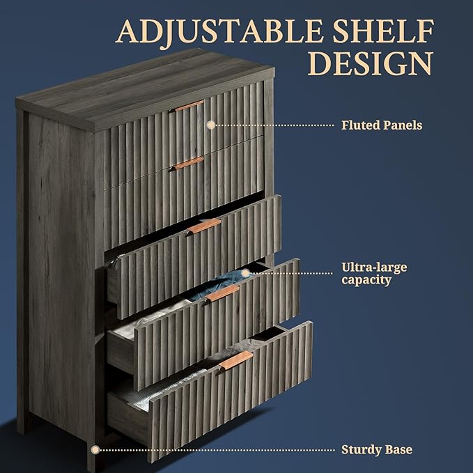 5 Drawers Dresser for Bedroom, 44 Inches Tall Modern Bedroom Dressers, Chest of Drawers for Bedroom, Fluted Dresser for Closet Organizer for Living Room, Hallway, Entryway (Midnight Oak, 3 Pieces)