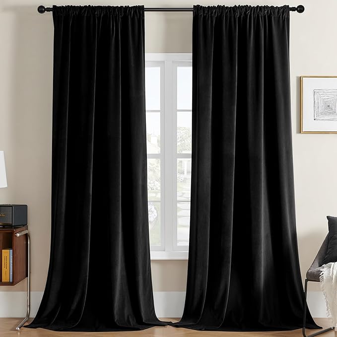 Joydeco Velvet Curtains 84 inch 1 Panel, Long Luxury Black Blackout Thermal Insulated Rod Pocket Window Curtains, Super Soft Room Darkening Drapes for Living Room Bedroom, W100 x L84 Inch, Black
