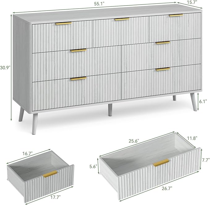 LYNSOM 55" Wide Fluted Dresser for Bedroom with 7 Drawer, Modern Chest of Drawers with Curved Profile Design and Metal Handles, Wood Dresser TV Stand & Storage Organizer for Living Room, White
