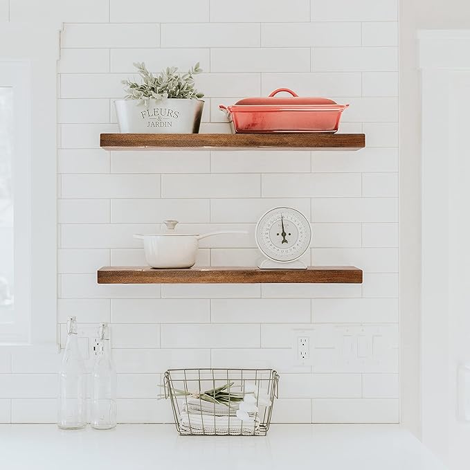 URBANDI, Rustic Floating Shelves, Set of 2, Hidden Bracket, Solid Wood, Heavy Duty, Wall Mounted Shelves, (Provincial, 12Wx10D)