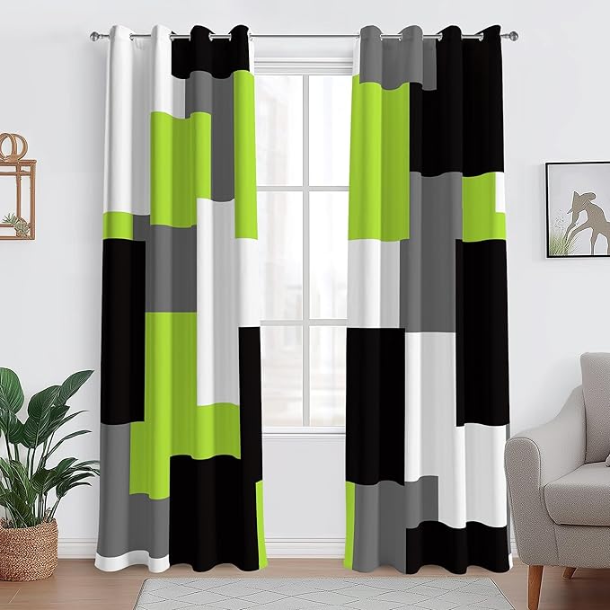 Lime Green 100% Blackout Curtains for Bedroom 84 inch Length 2 Panels Set Light Fresh Modern Abstract Geometric Black Out Curtains Insulated Room Darkening Window Drapes for Living Room, 52Wx84L