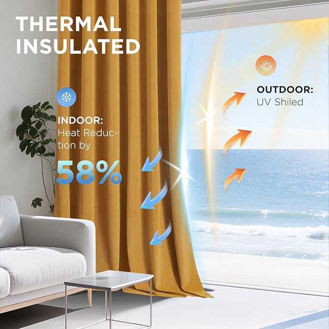 Joydeco Mustard Yellow 100% Blackout Curtains 72 Inch 2 Panels, Luxury Thermal Yellow Velvet Curtains for Bedroom Living Room, Soundproof Blackout Window Drapes, Grommet Top (52W x 72L)