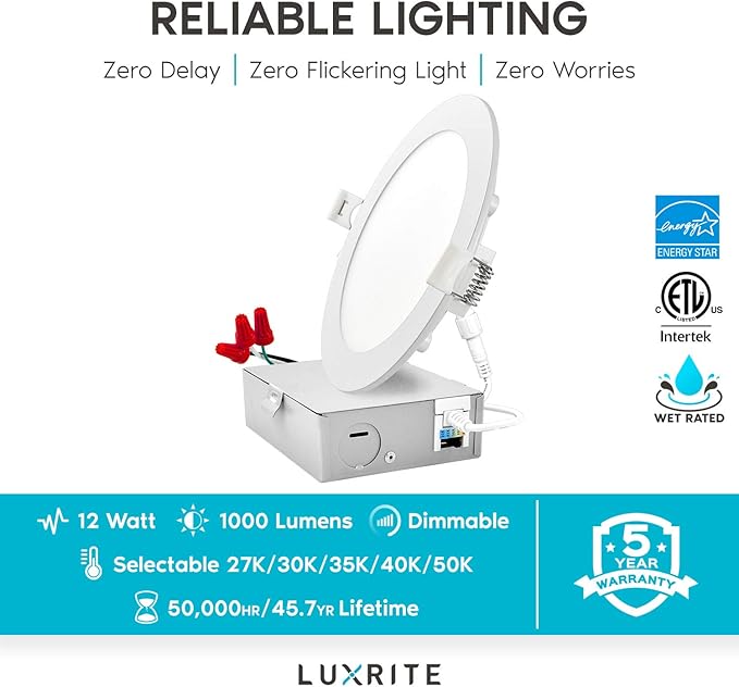 LUXRITE 6 Inch Ultra Thin LED Recessed Light with J-Box, 12W, Color Temperature Selectable 2700K | 3000K | 3500K | 4000K | 5000K, Dimmable Wafer Light, 1000 Lumens, Energy Star, IC Rated (4 Pack)