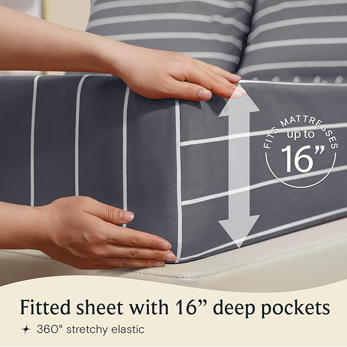 LuxClub 4 PC California King Sheet Set, Deep Pockets Wrinkle Free Cooling Bed Sheets Hotel Bedding for Women, Men, Includes 1 Fitted Sheet, 1 Flat Sheet and 2 Pillowcases-Striped -Light Grey