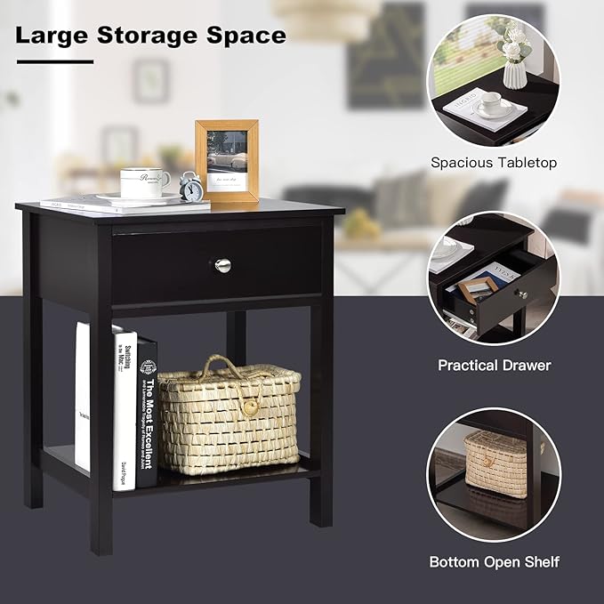 Giantex Nightstand, Wood End Table with Drawer and Open Shelf, Night Stand for Small Spaces, 2-Tier Bedside Table for Living Room Bedroom Dorm, Easy Assembly, Black