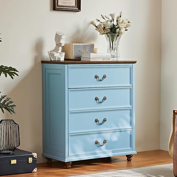 Farmhouse 4 Drawer Dresser Set of 2 for Bedroom, 37" Tall Rustic Chests of Drawers w/ 4 Solid Wood Feet, Mid Century Vintage Wooden Closet Storage Dressers Organizer for Living Room,Light Blue