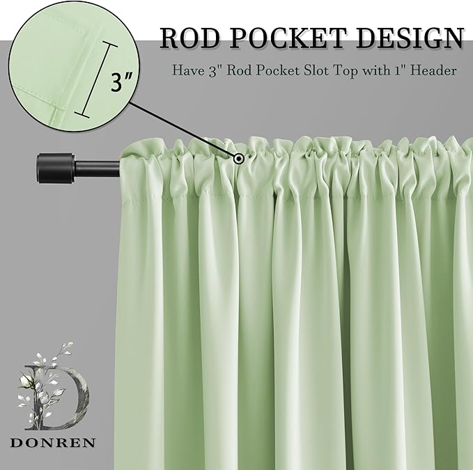 DONREN 90 inch Length Room Darkening Curtain Panels for Living Room - Energy Efficient Blackout Bedroom Curtains Thermal Insulated Rod Pocket,Light Green,52 x 90 inch Set of 2 Panels