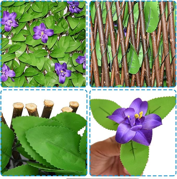 GLANT Expandable Fence Privacy Screen for Balcony Patio Outdoor,Decorative Faux Ivy Fencing Panel,Artificial Hedges (Single Sided Leaves) (4, Purple Flowers)