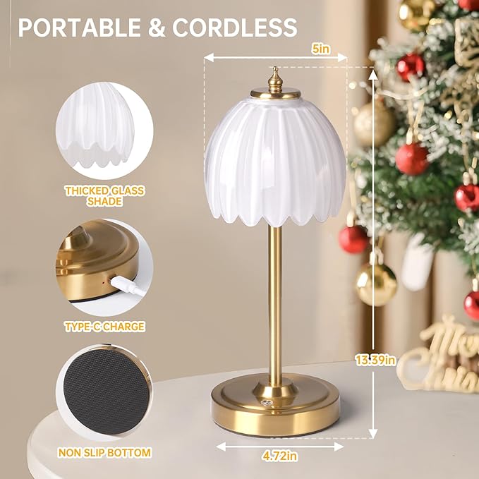 Tulip Table Lamp with 5000mAh Battery & Touch Control, Small Cordless Table Lamp with 3 Colors, Dimmable Rechargeable Battery Operated Table Lamps for Bedroom, Bedside, Desk (White Tulip)